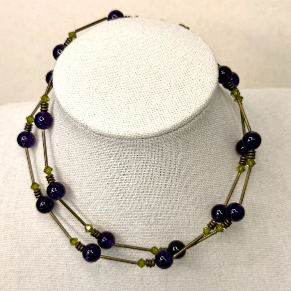 Vtg Amethyst Beaded Necklace Brass Tone Green Crystal Accent Boho Chic Fairy 23